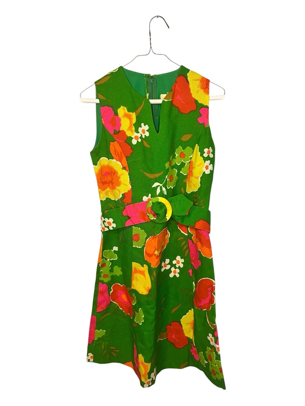 1960s Green Floral Belted Sleeveless Dress